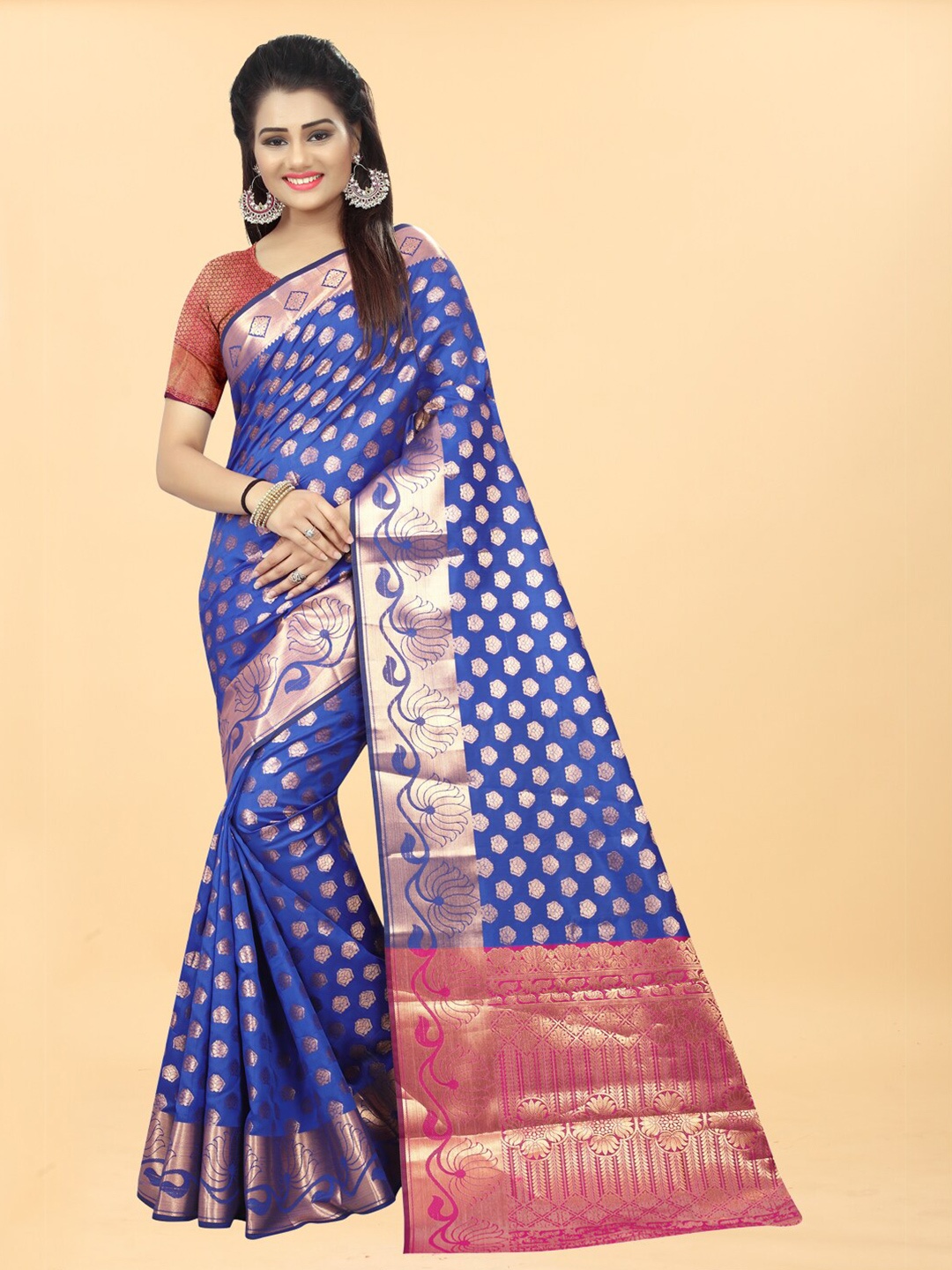 

Hinayat Fashion Blue & Pink Ethnic Motifs Zari Silk Blend Banarasi Saree