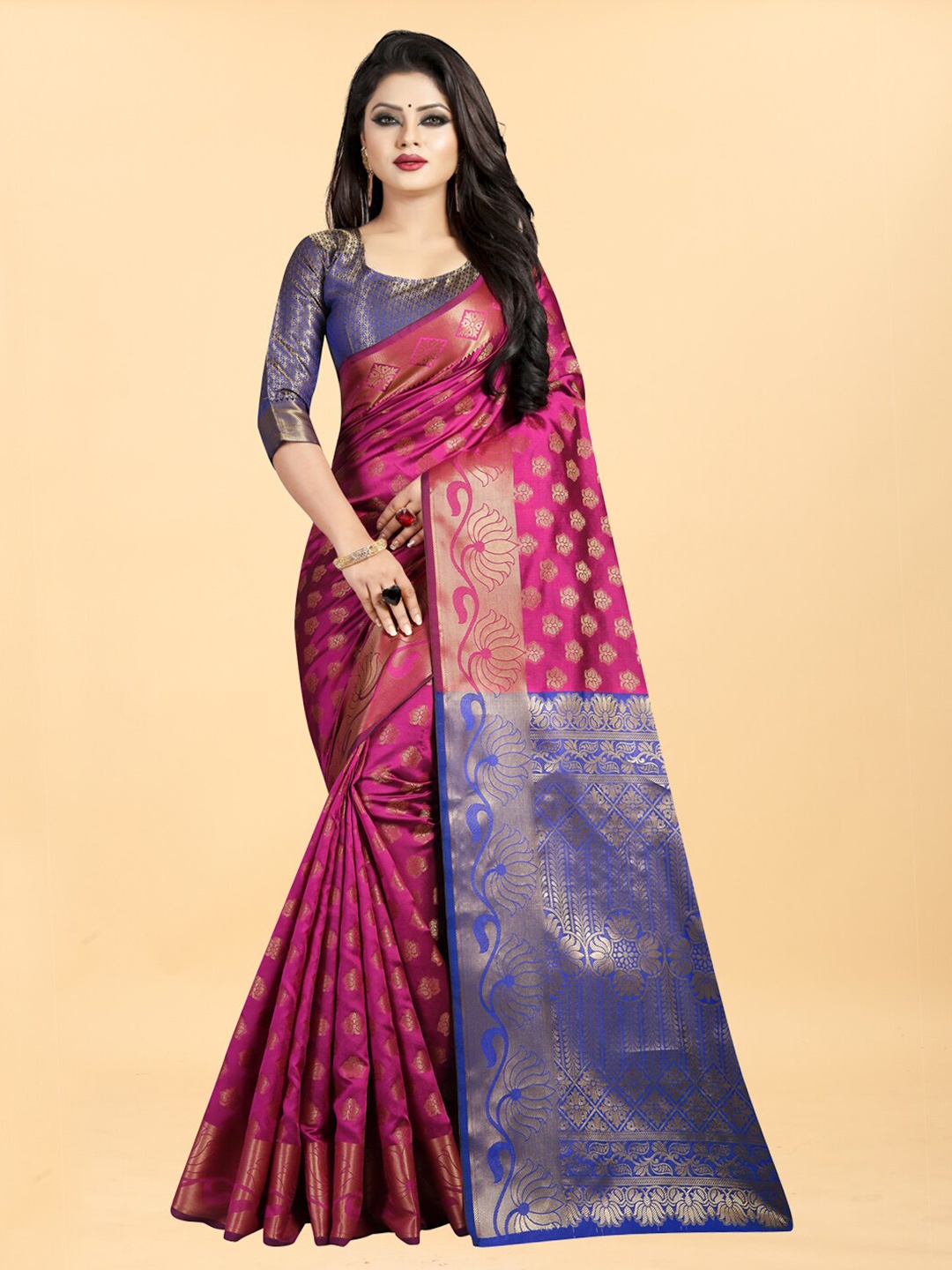 

Hinayat Fashion Pink & Blue Woven Design Zari Silk Blend Banarasi Saree