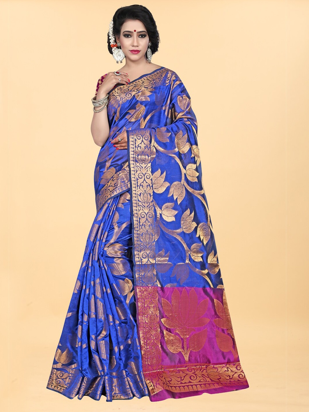 

Hinayat Fashion Blue & Pink Woven Design Zari Silk Blend Banarasi Saree