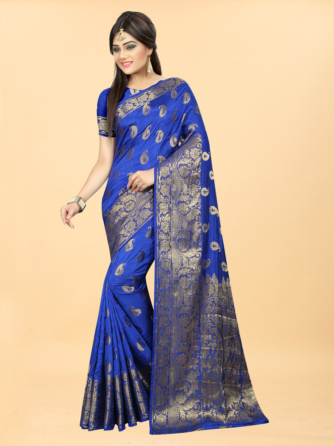 

Hinayat Fashion Blue & Gold-Toned Woven Design Zari Silk Blend Banarasi Saree