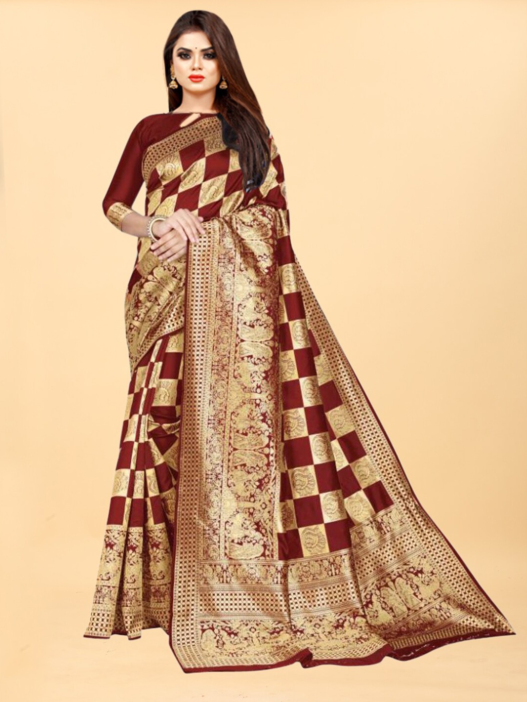 

Hinayat Fashion Maroon & Gold-Toned Woven Design Zari Silk Blend Banarasi Saree