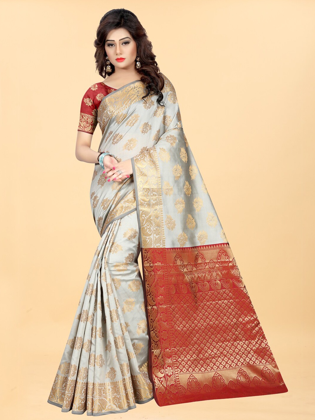 

Hinayat Fashion Grey & Red Woven Design Zari Silk Blend Banarasi Saree