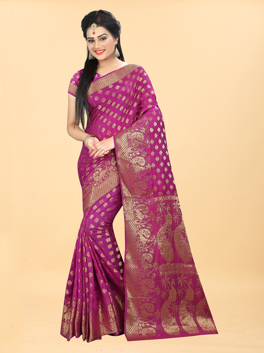 

Hinayat Fashion Pink & Gold-Toned Woven Design Zari Silk Blend Banarasi Saree