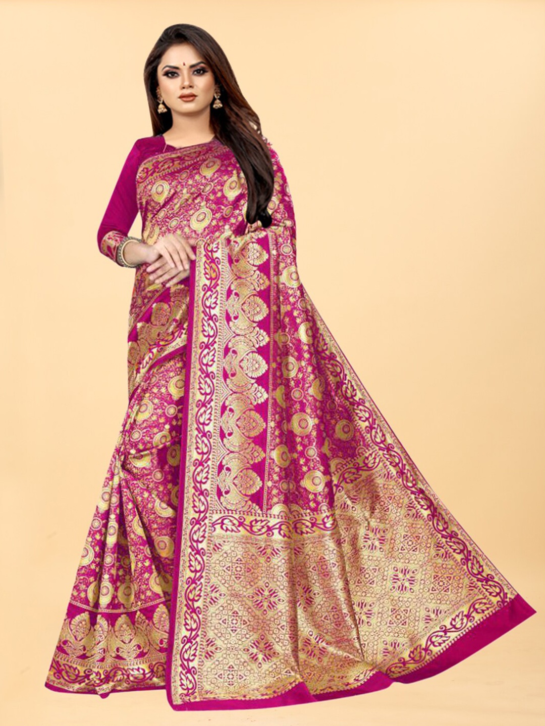 

Hinayat Fashion Pink & Gold-Toned Woven Design Zari Silk Blend Banarasi Saree