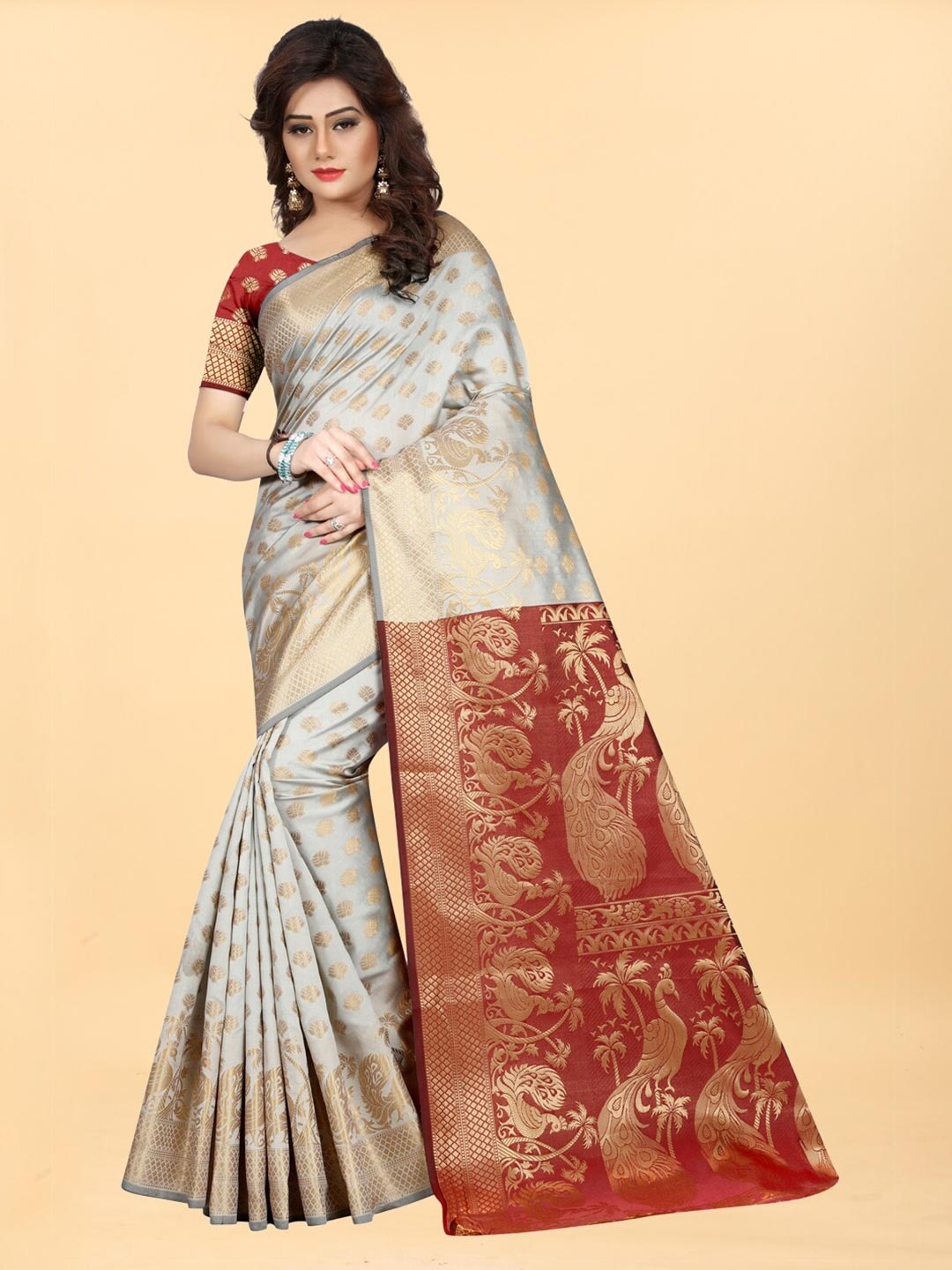 

Hinayat Fashion Grey & Maroon Woven Design Zari Silk Blend Banarasi Saree