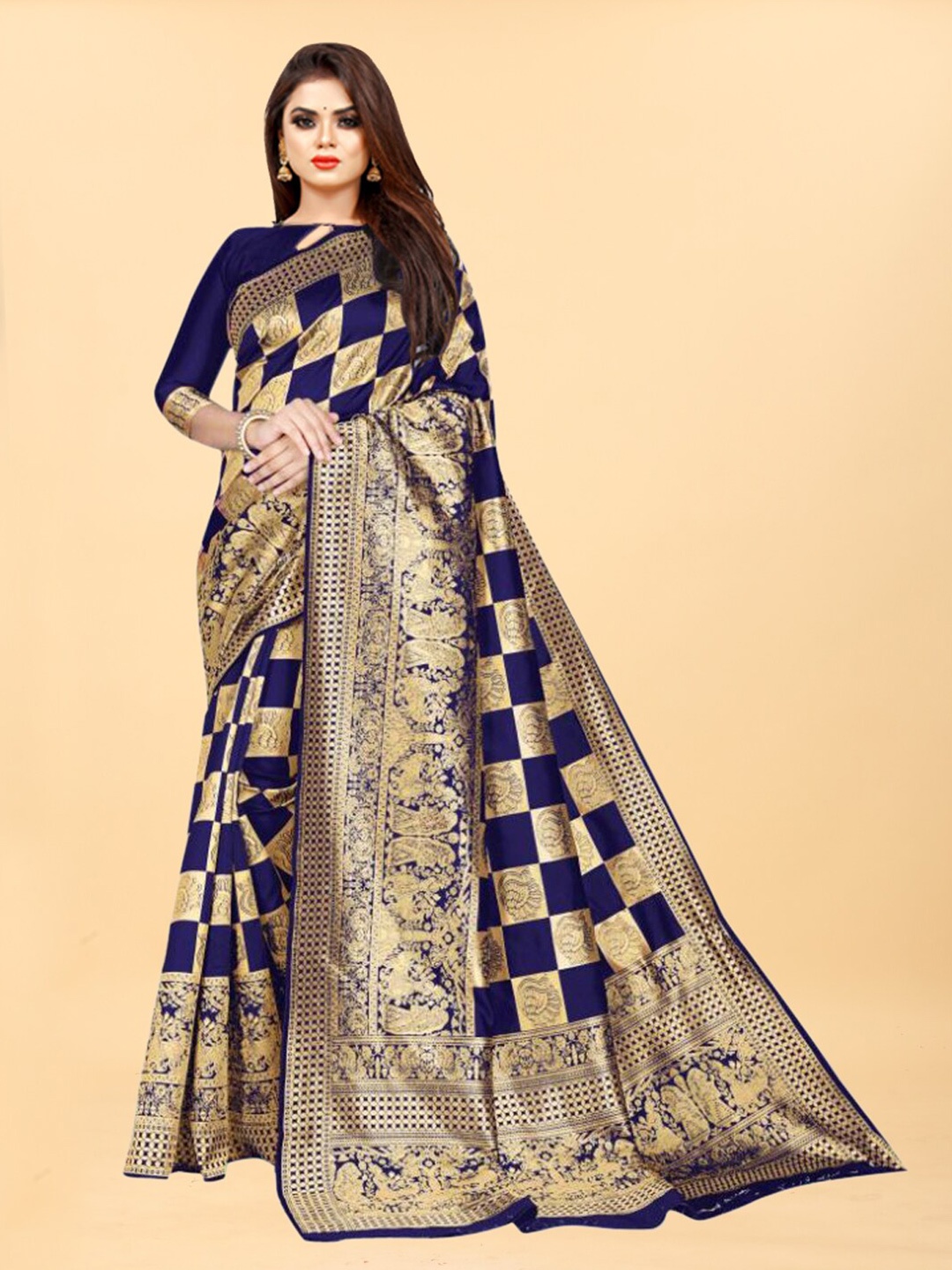 

Hinayat Fashion Blue & Gold-Toned Woven Design Zari Silk Blend Banarasi Saree