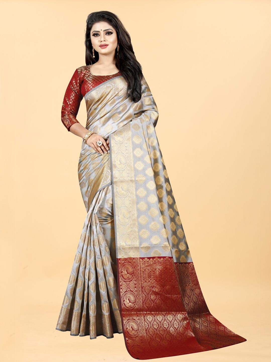 

Hinayat Fashion Grey & Maroon Woven Design Zari Silk Blend Banarasi Saree