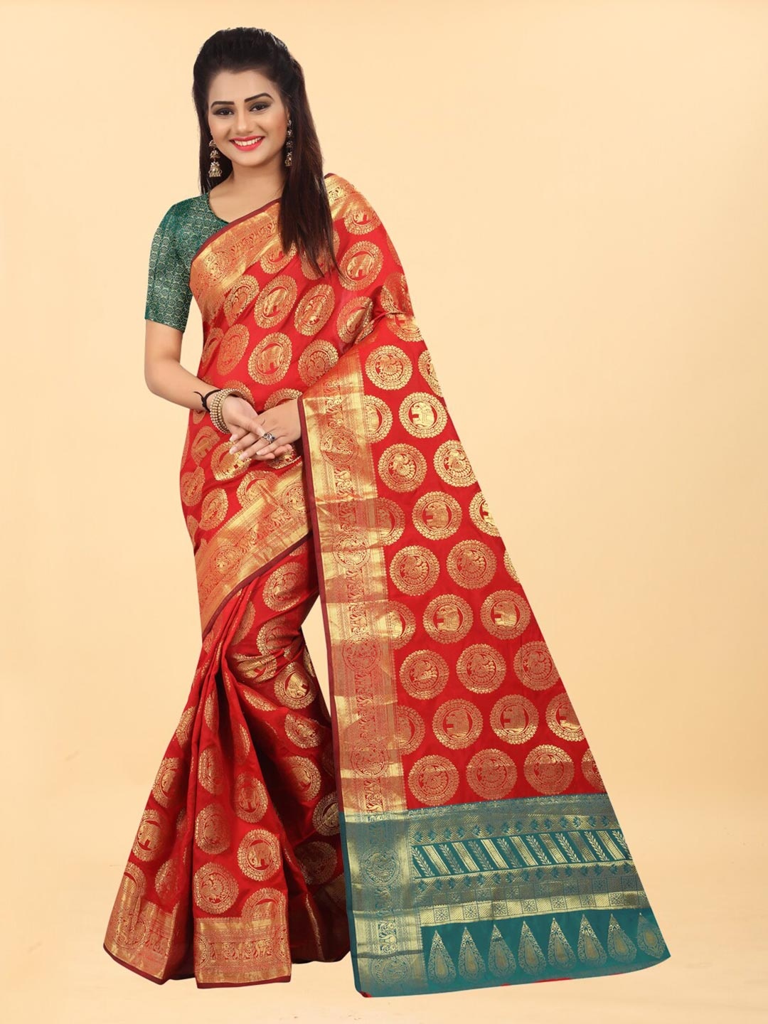 

Hinayat Fashion Red & Green Woven Design Zari Silk Blend Banarasi Saree