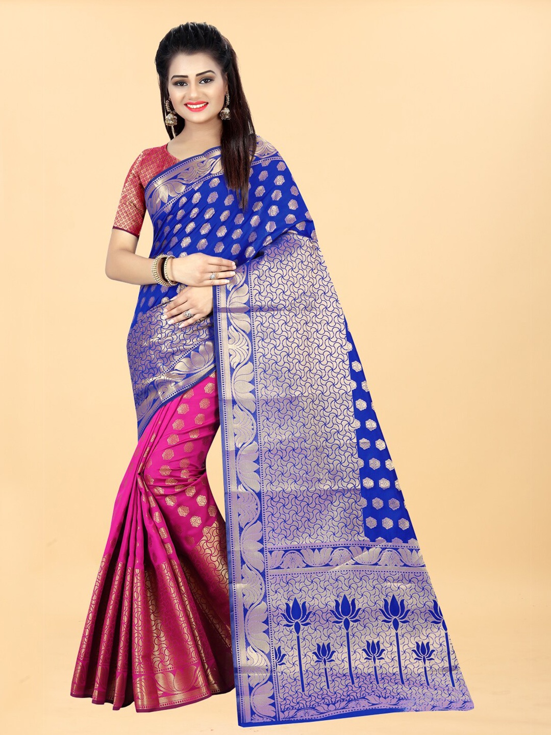 

Hinayat Fashion Pink & Blue Woven Design Zari Silk Blend Banarasi Saree