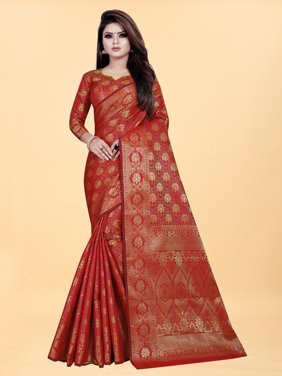 

Hinayat Fashion Red & Gold-Toned Woven Design Zari Silk Blend Banarasi Saree