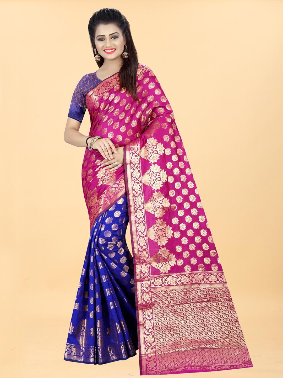 

Hinayat Fashion Blue & Pink Woven Design Zari Silk Blend Banarasi Saree