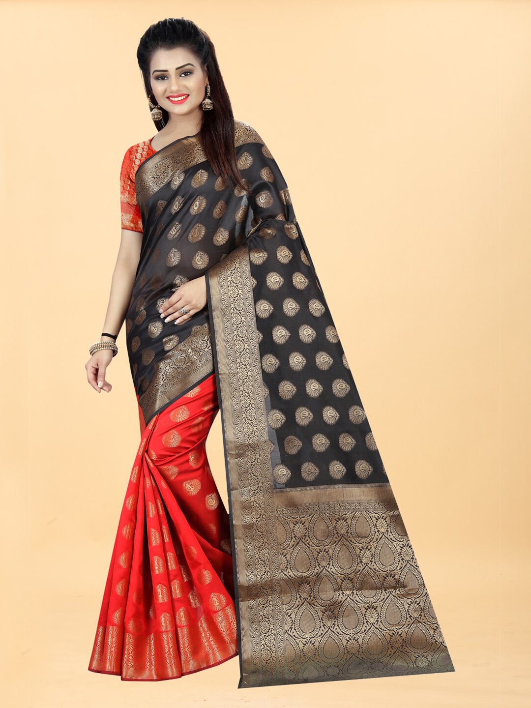 

Hinayat Fashion Red & Grey Woven Design Zari Silk Blend Banarasi Saree