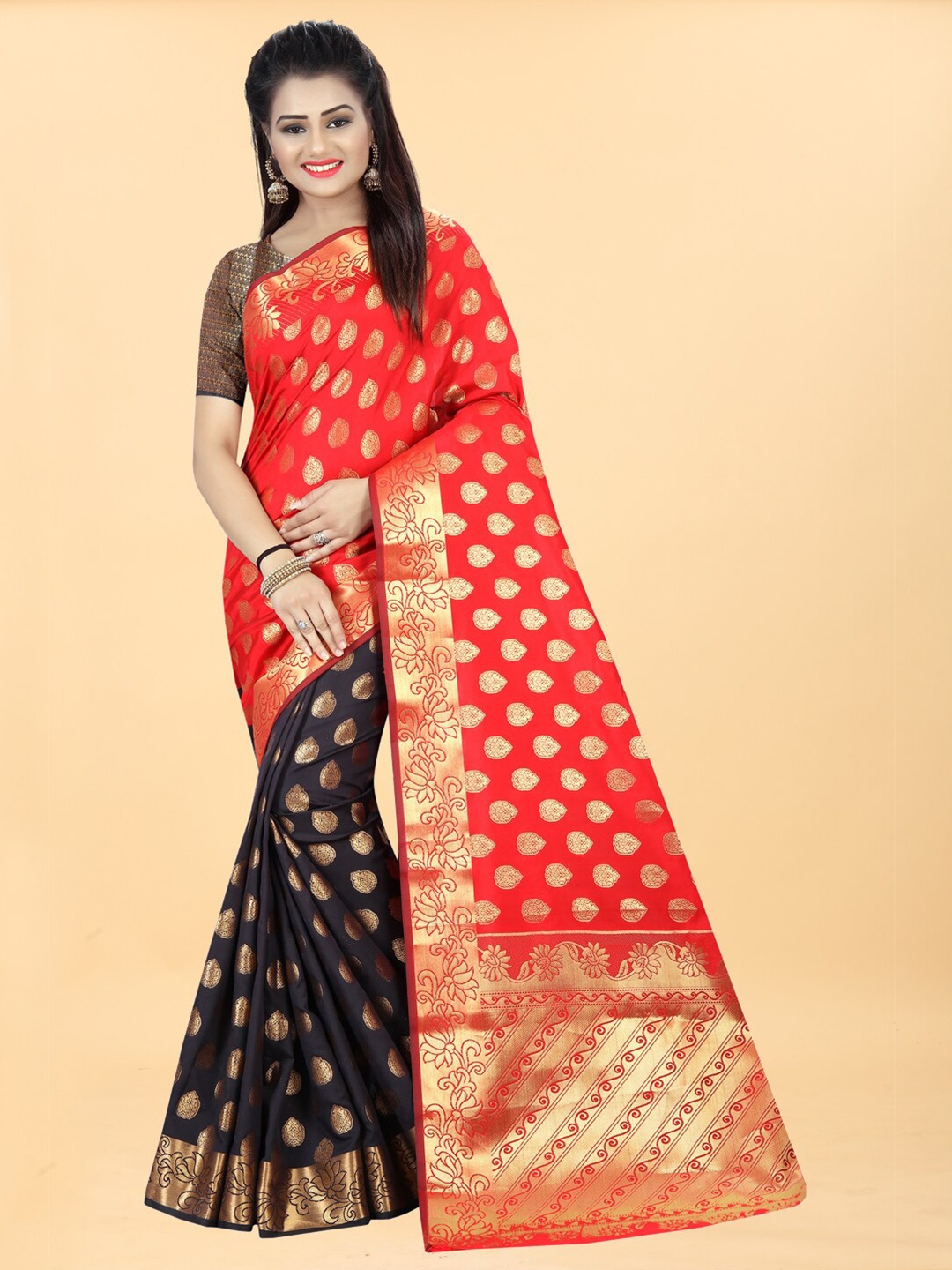 

Hinayat Fashion Black & Orange Woven Design Zari Silk Blend Banarasi Saree