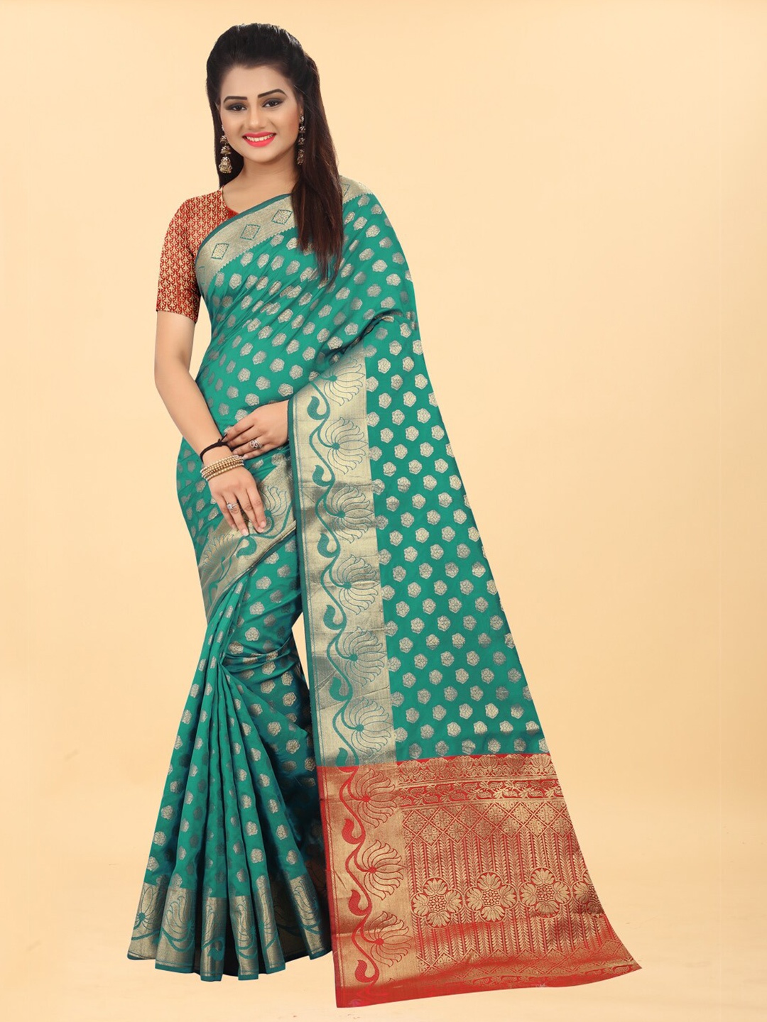 

Hinayat Fashion Green & Red Woven Design Zari Silk Blend Banarasi Saree