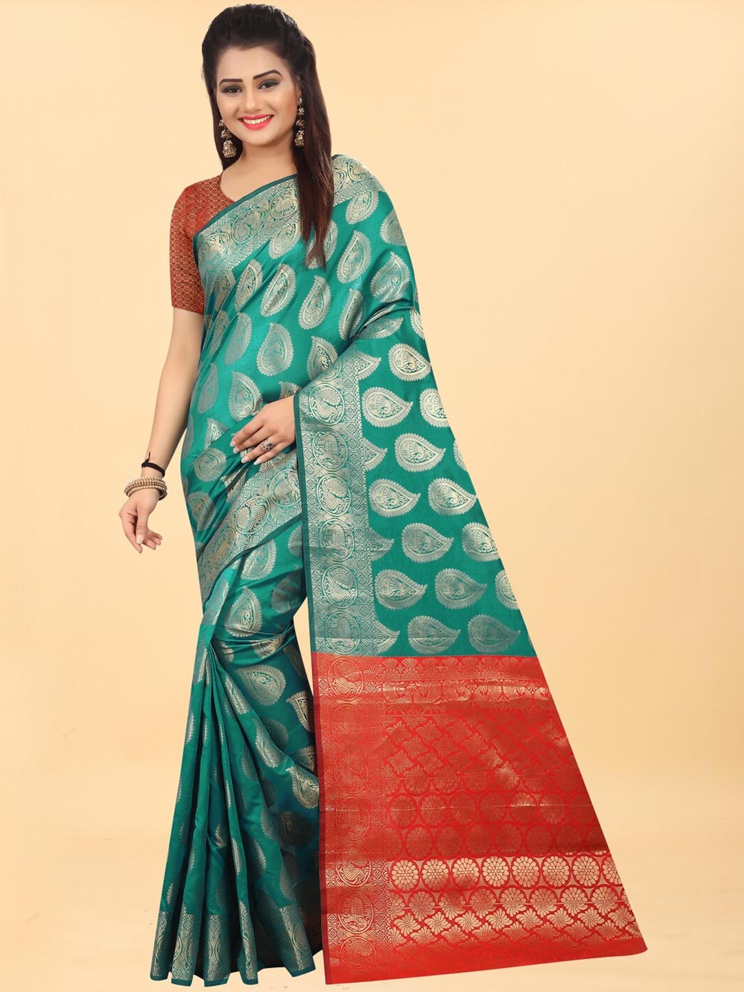 

Hinayat Fashion Green & Red Woven Design Zari Silk Blend Banarasi Saree