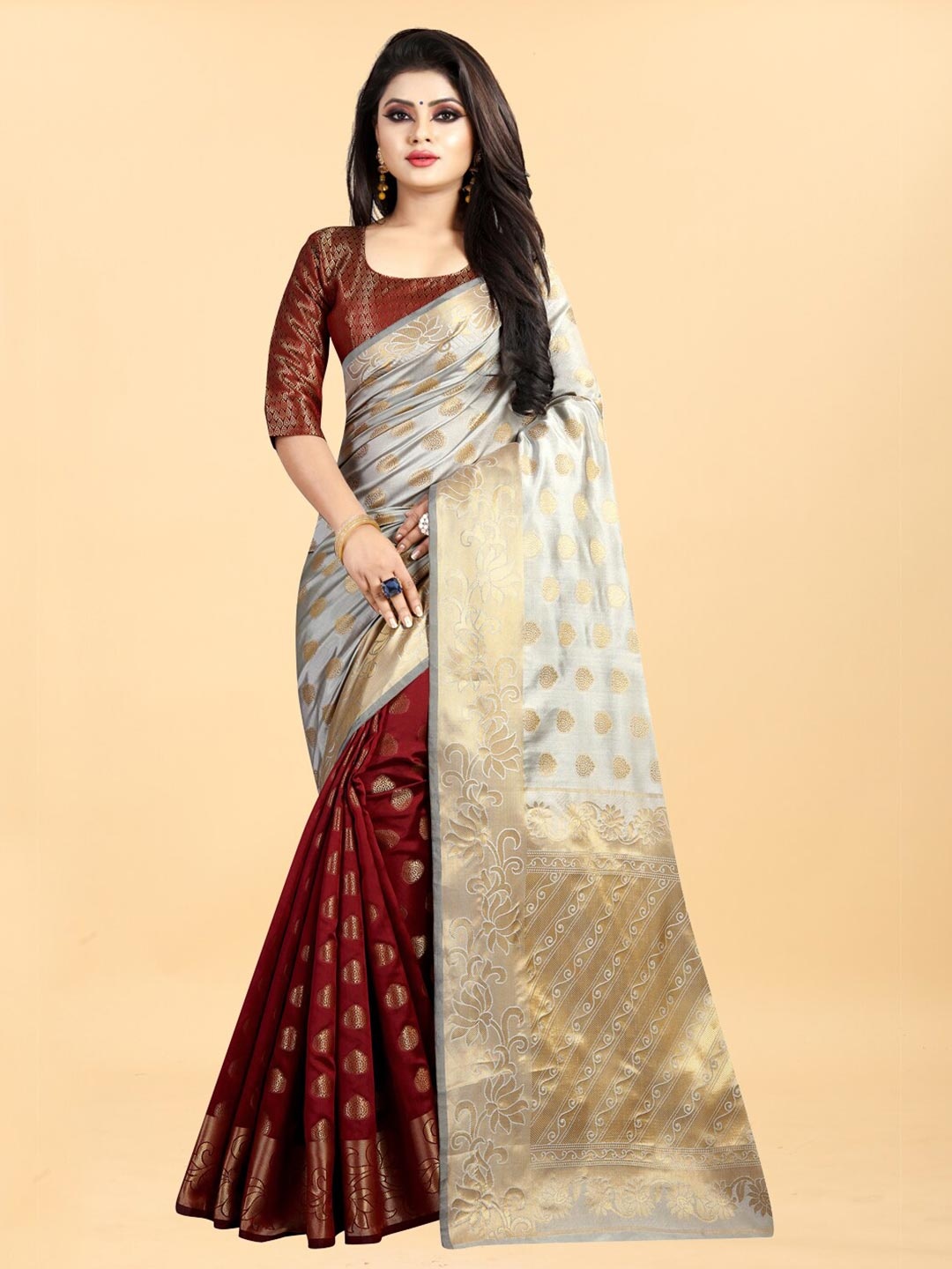 

Hinayat Fashion Maroon & Grey Woven Design Zari Silk Blend Banarasi Saree