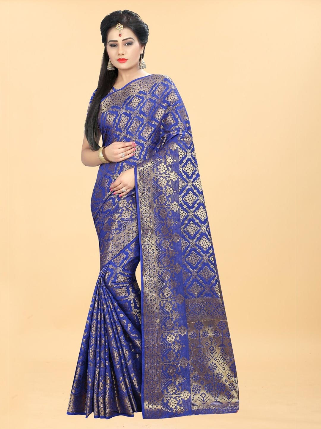 

Hinayat Fashion Blue & Gold-Toned Woven Design Zari Silk Blend Banarasi Saree