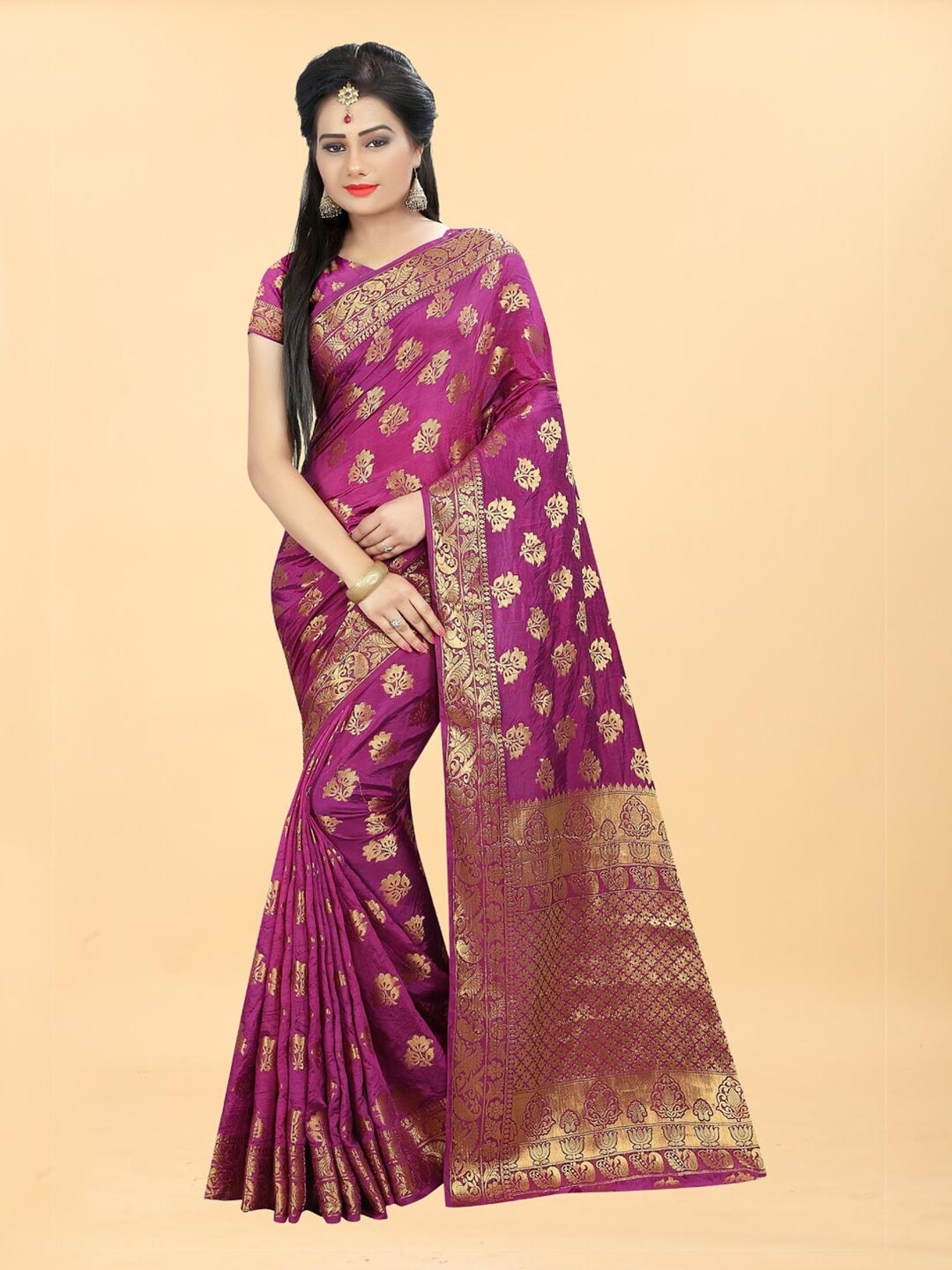 

Hinayat Fashion Pink & Gold-Toned Woven Design Zari Silk Blend Banarasi Saree