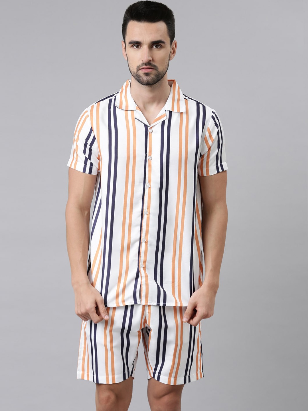 

Bushirt Men Orange & Off White Striped Night suit