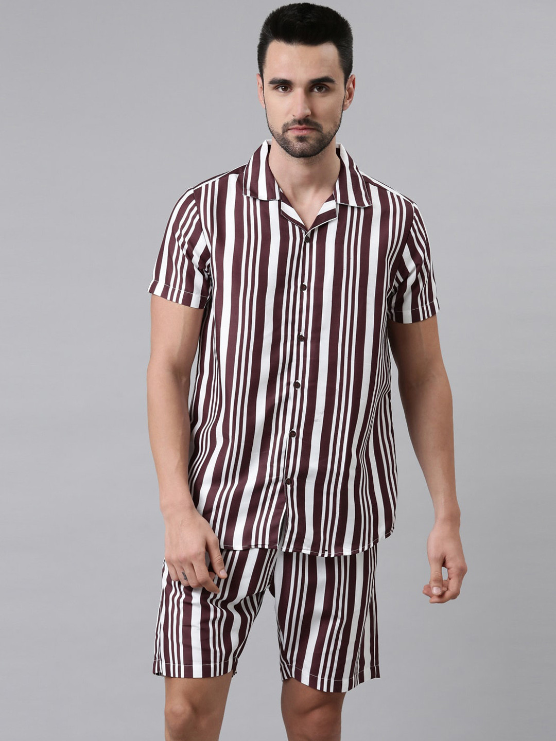 

Bushirt Men Maroon & Off White Striped Night suit