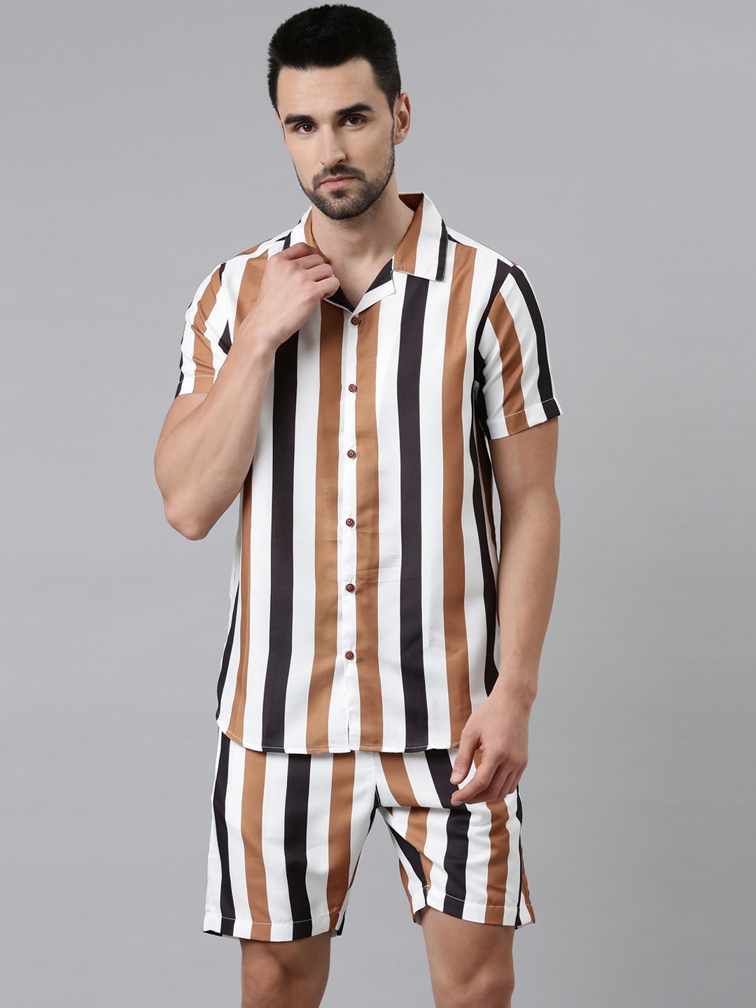 

Bushirt Men Brown & White Striped Night suit