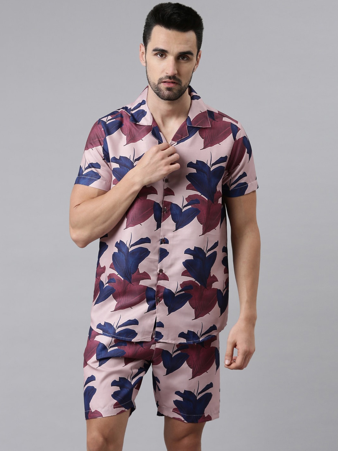 

Bushirt Men Pink & Blue Printed Night suit