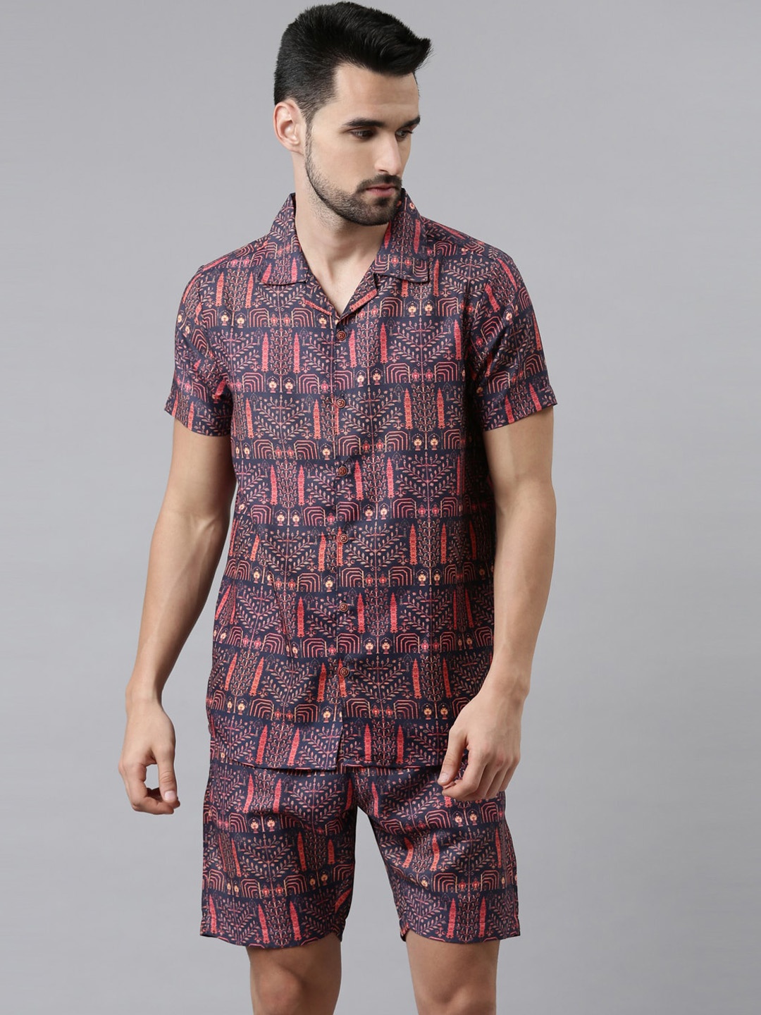 

Bushirt Men Red & Navy Blue Printed Night suit