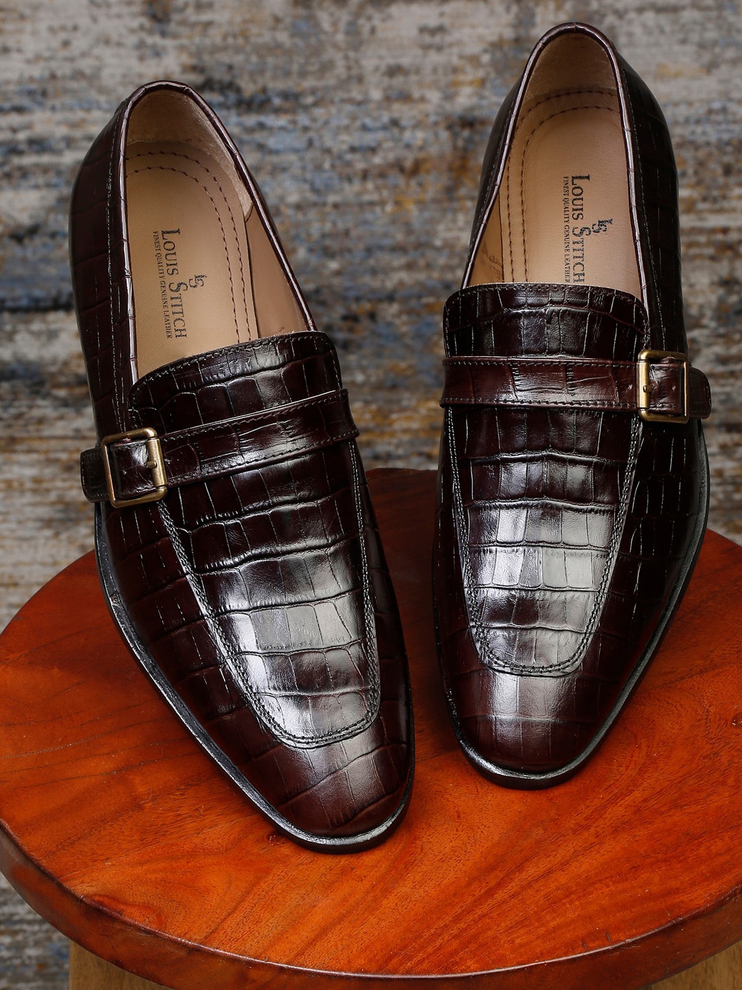 

LOUIS STITCH Men Bronze-Toned Printed Leather Loafers