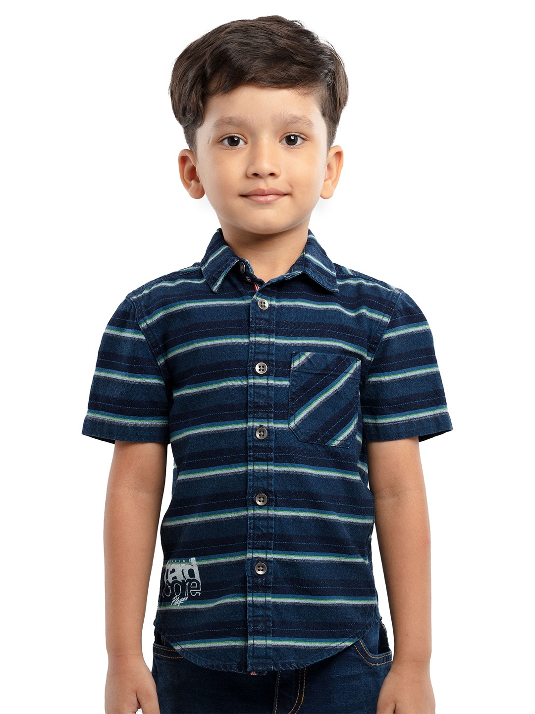 

UNDER FOURTEEN ONLY Boys Green Horizontal Stripes Striped Casual Shirt