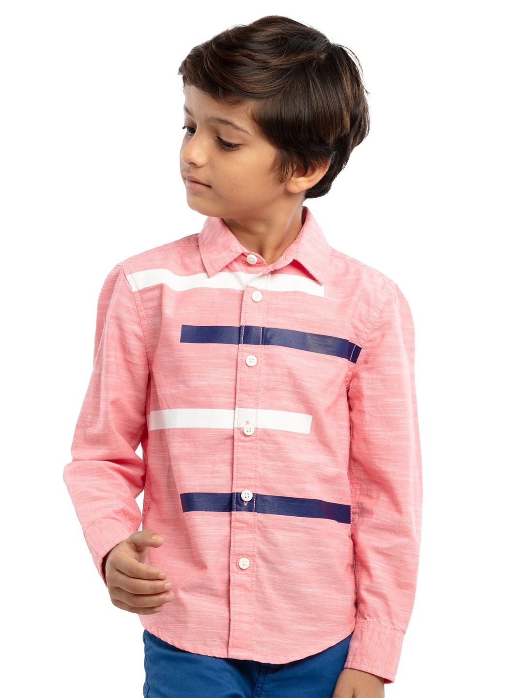 

UNDER FOURTEEN ONLY Boys Peach-Coloured Horizontal Stripes Striped Casual Shirt