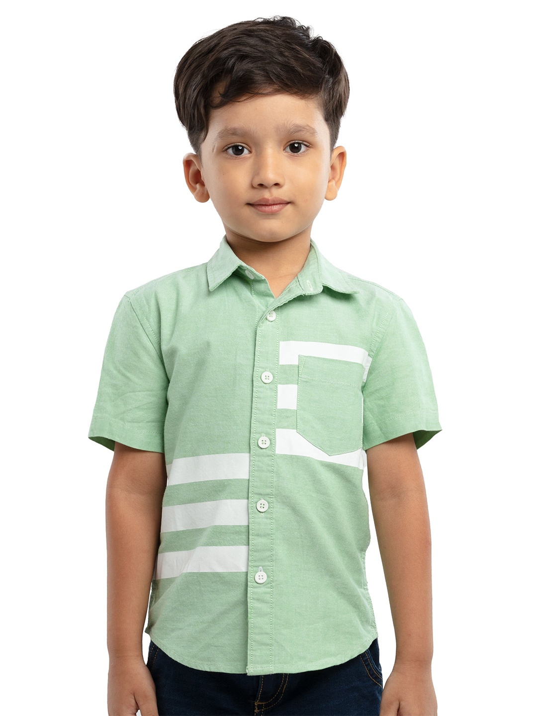 

UNDER FOURTEEN ONLY Boys Green Horizontal Stripes Striped Casual Shirt