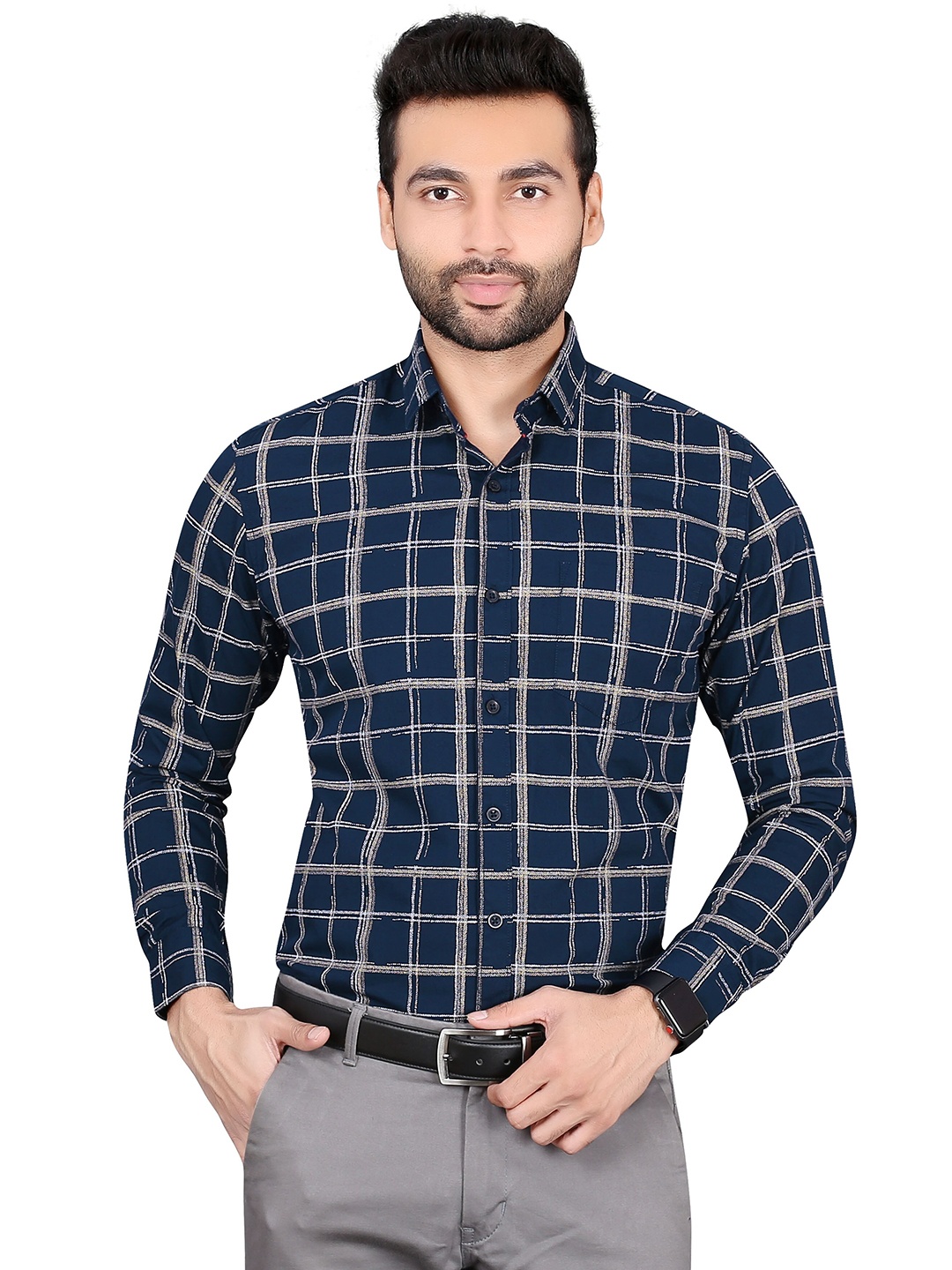 

5TH ANFOLD Men Navy Blue Slim Fit Checked Formal Shirt