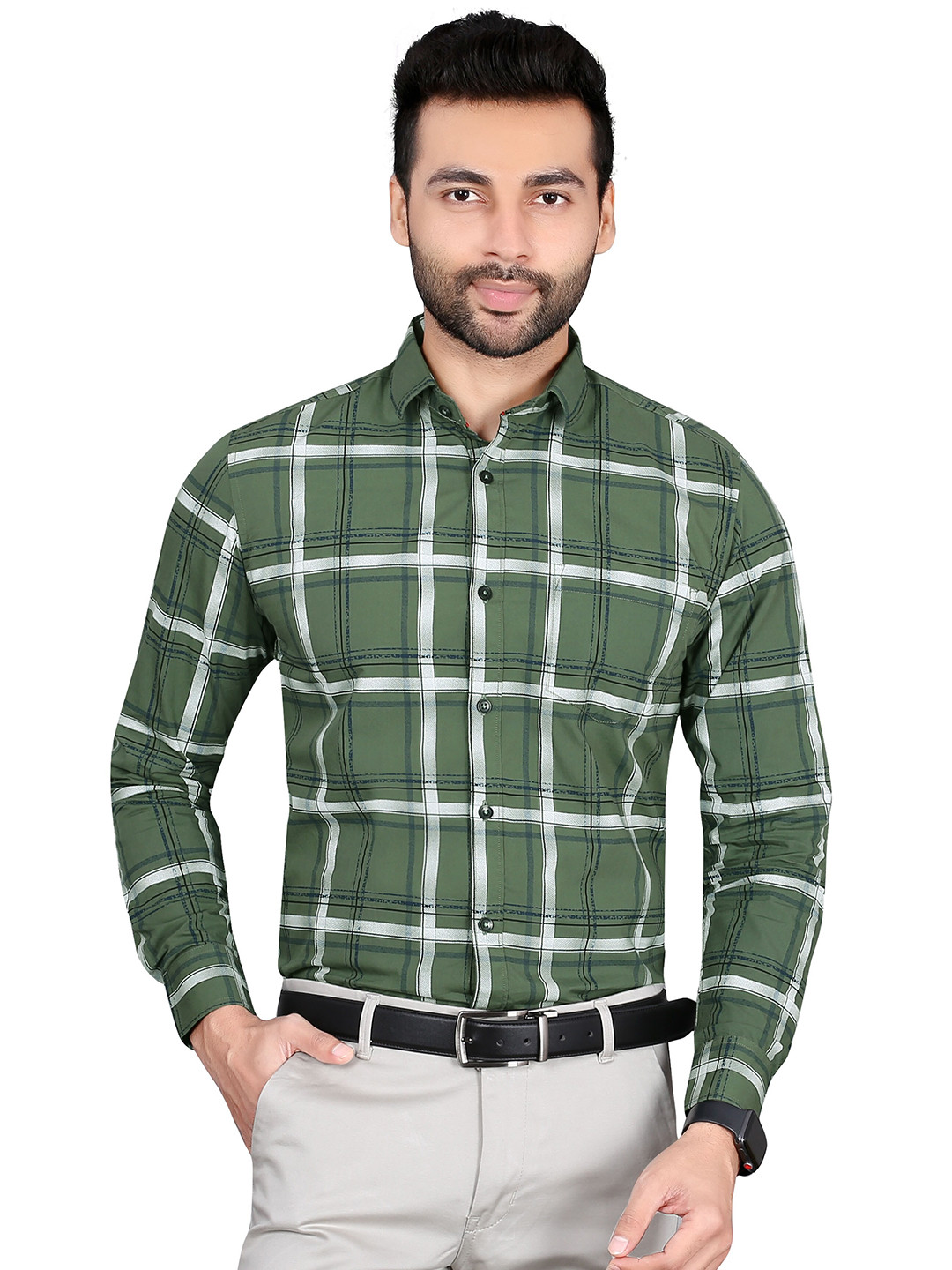 

5TH ANFOLD Men Green Slim Fit Checked Formal Shirt