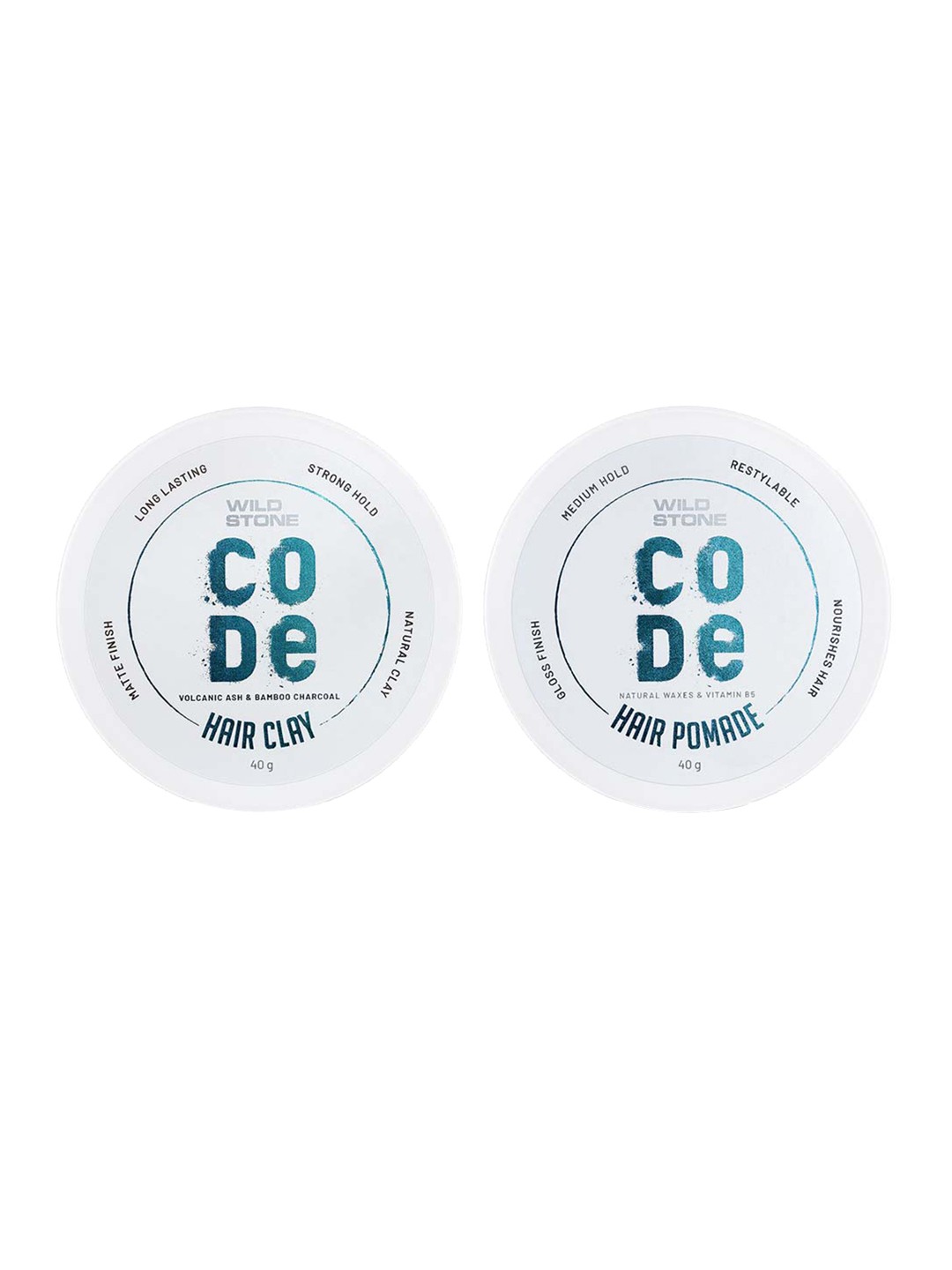 

Wild stone Men Set of Code Strong Hold Hair Clay & Medium Hold Hair Pomade - 40 g Each, White