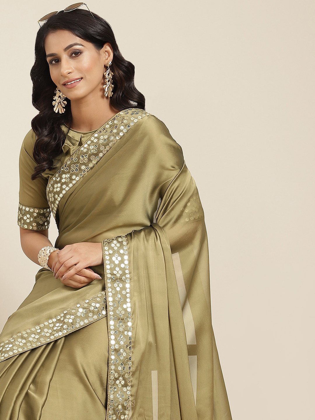 

RAJGRANTH Beige Sequinned Pure Silk Tussar Saree