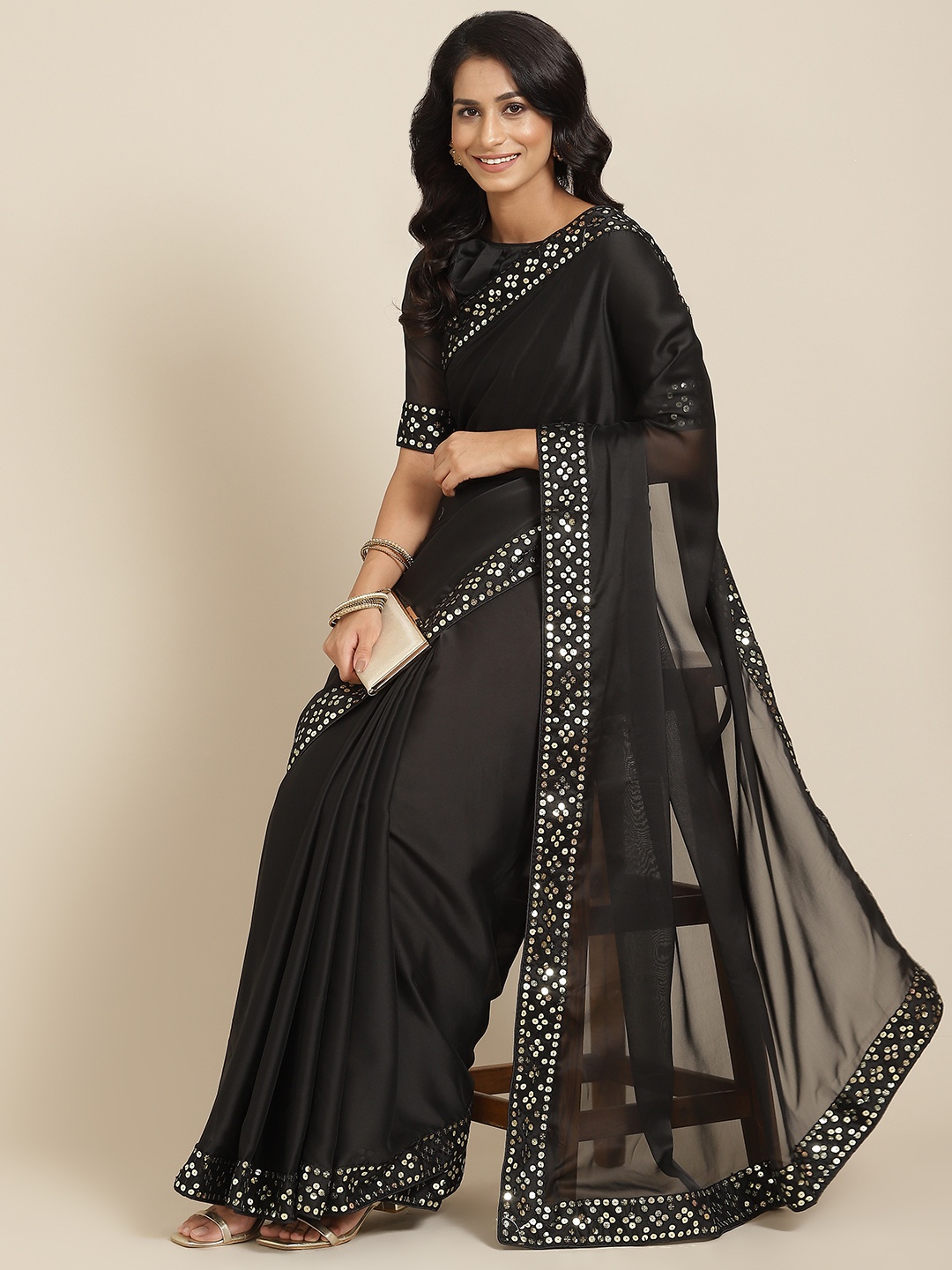 

RAJGRANTH Black Sequinned Pure Silk Tussar Saree