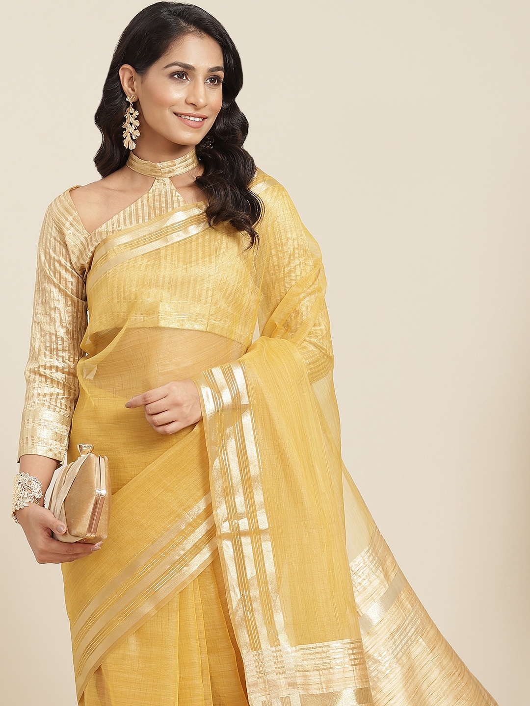 

RAJGRANTH Yellow Zari Organza Saree