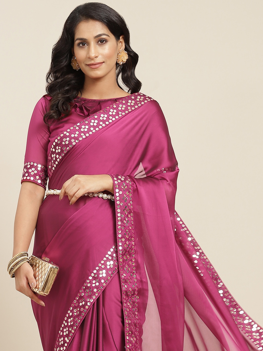 

RAJGRANTH Magenta Sequinned Pure Silk Tussar Saree