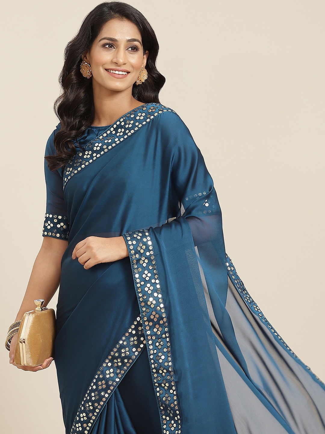 

RAJGRANTH Blue Sequinned Pure Silk Tussar Saree