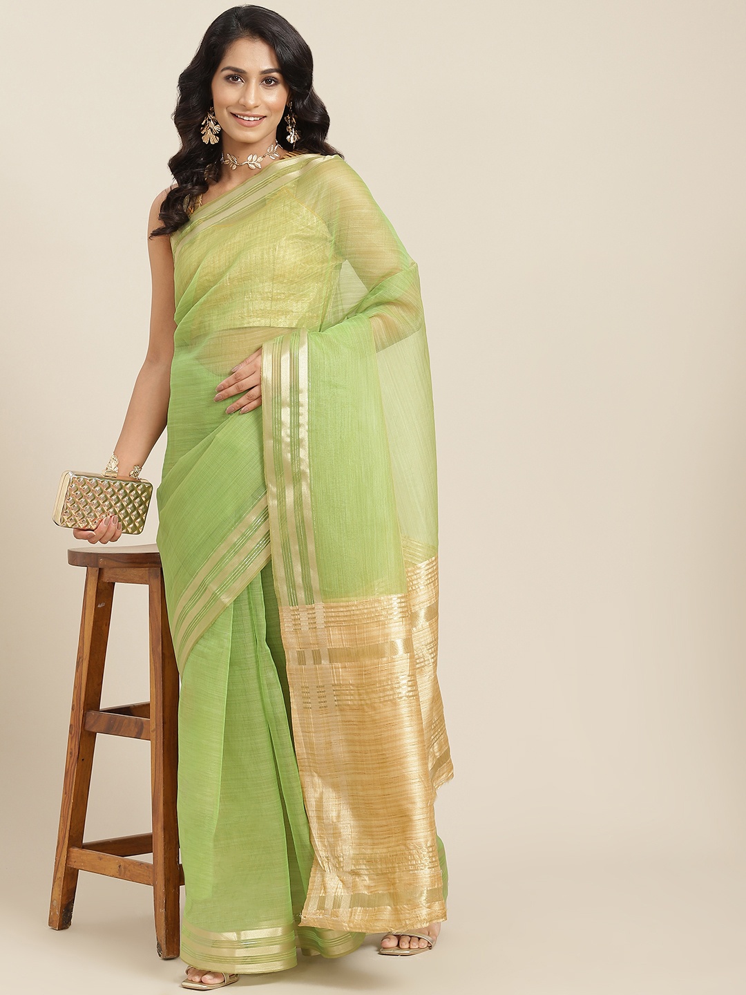 

RAJGRANTH Lime Green Zari Organza Saree