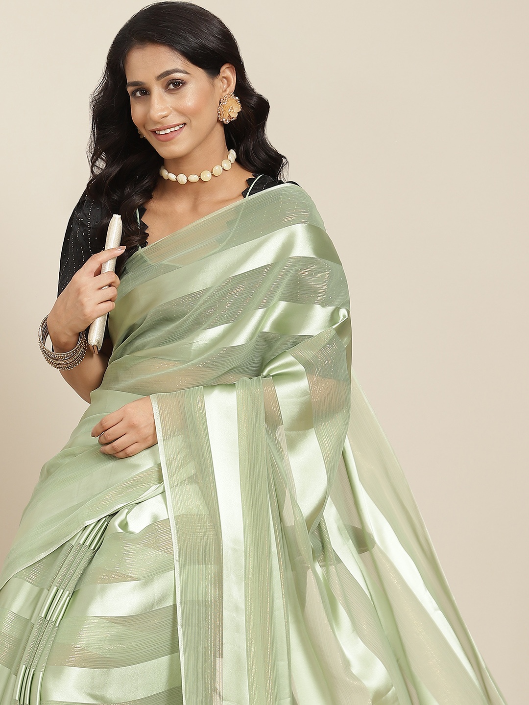 

RAJGRANTH Green Striped Zari Silk Blend Saree