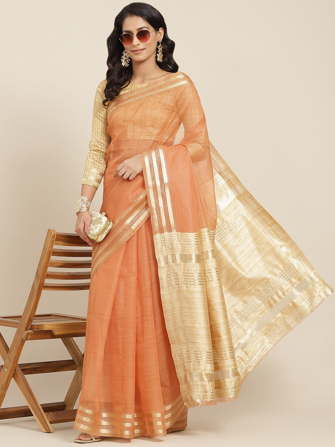 

RAJGRANTH Orange & Golden Zari Organza Saree