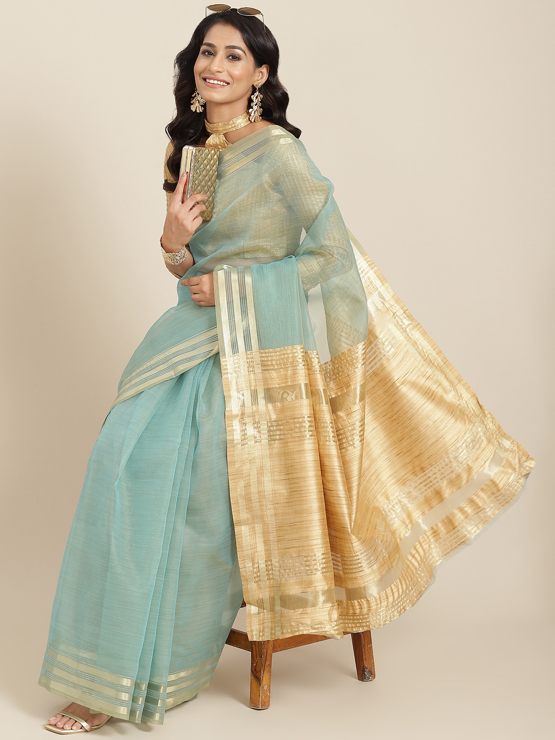 

RAJGRANTH Turquoise Blue & Golden Zari Organza Saree