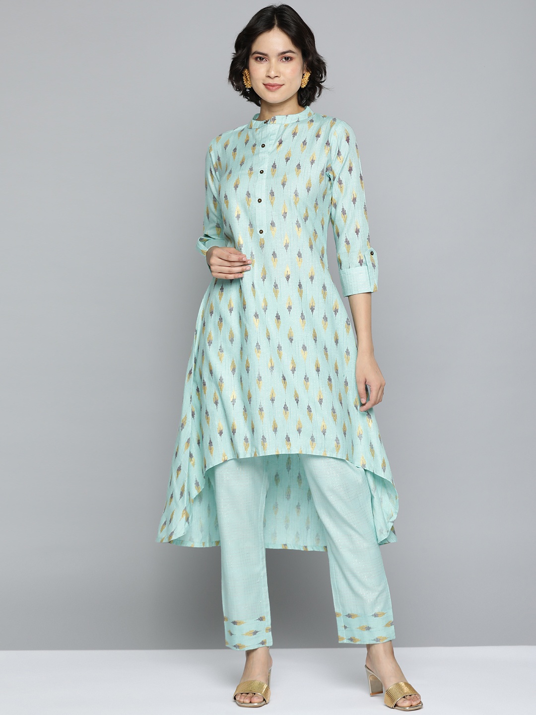 

Kvsfab Women Sea Green Ethnic Motifs Pleated Kurta with Trousers