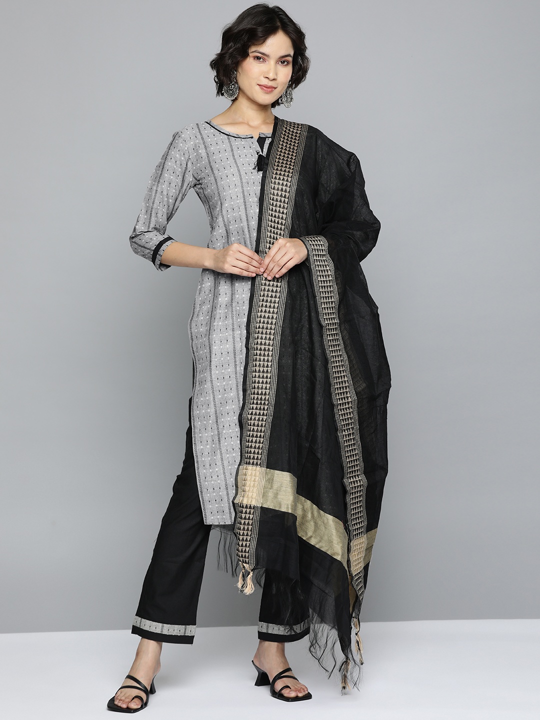 

Kvsfab Women Grey Pure Cotton Kurta with Trousers & Dupatta