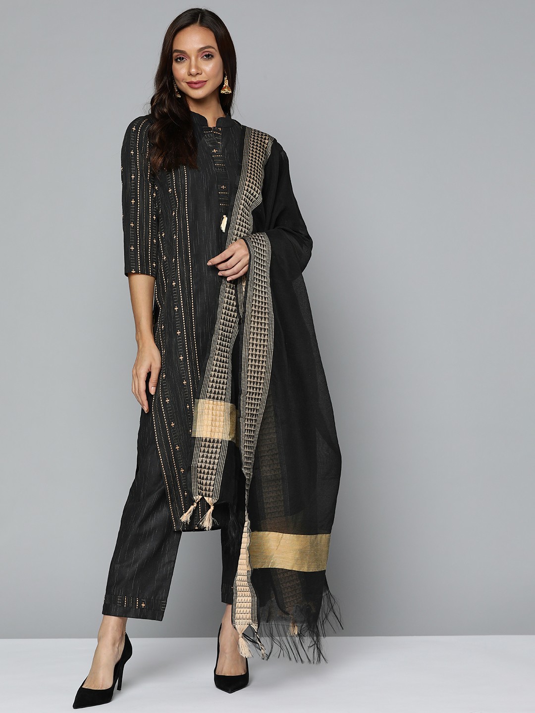 

Kvsfab Women Black Pure Cotton Kurta with Trousers & Dupatta