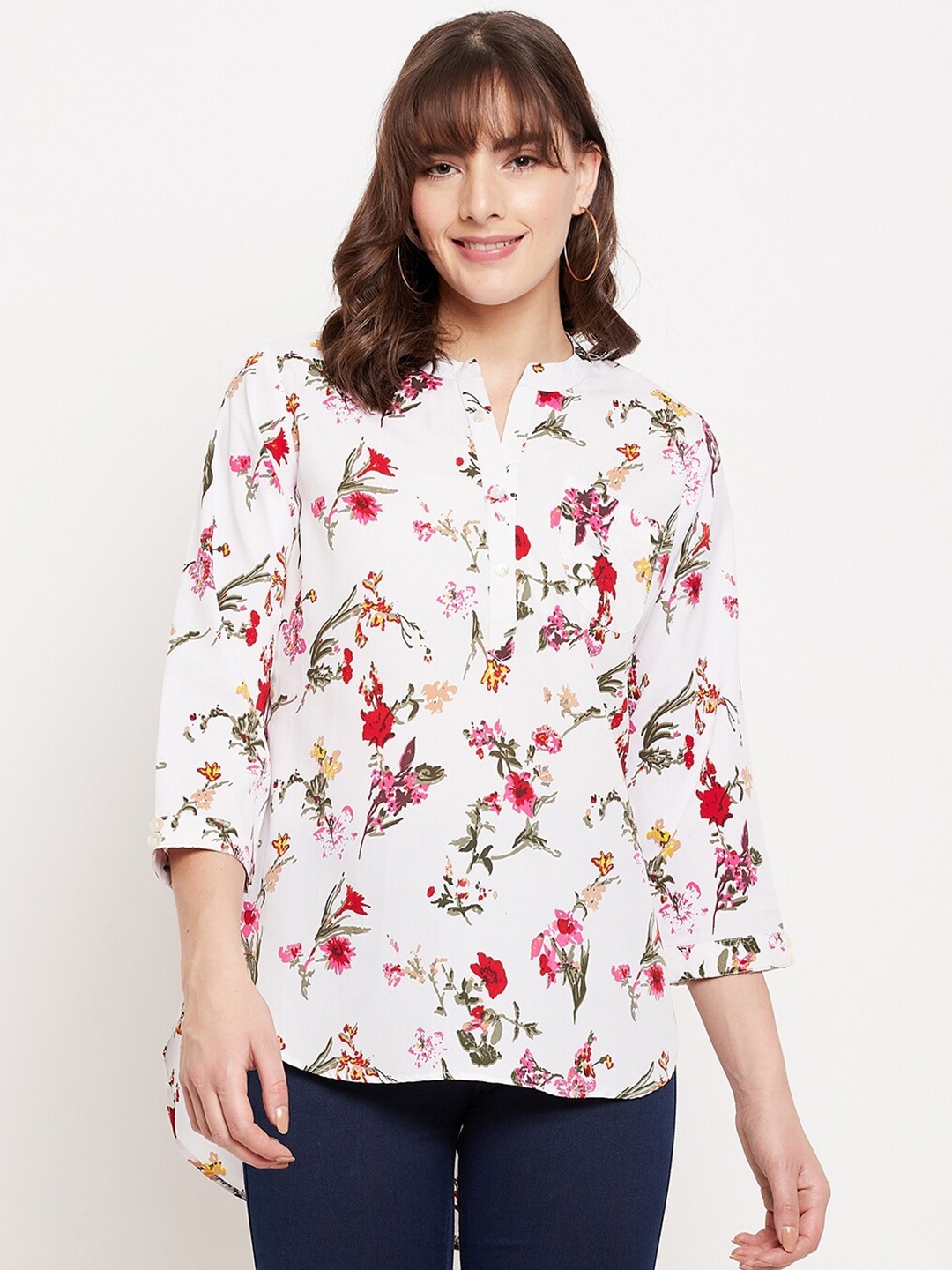 

Duke White & Pink Mandarin Collar Printed Tunic