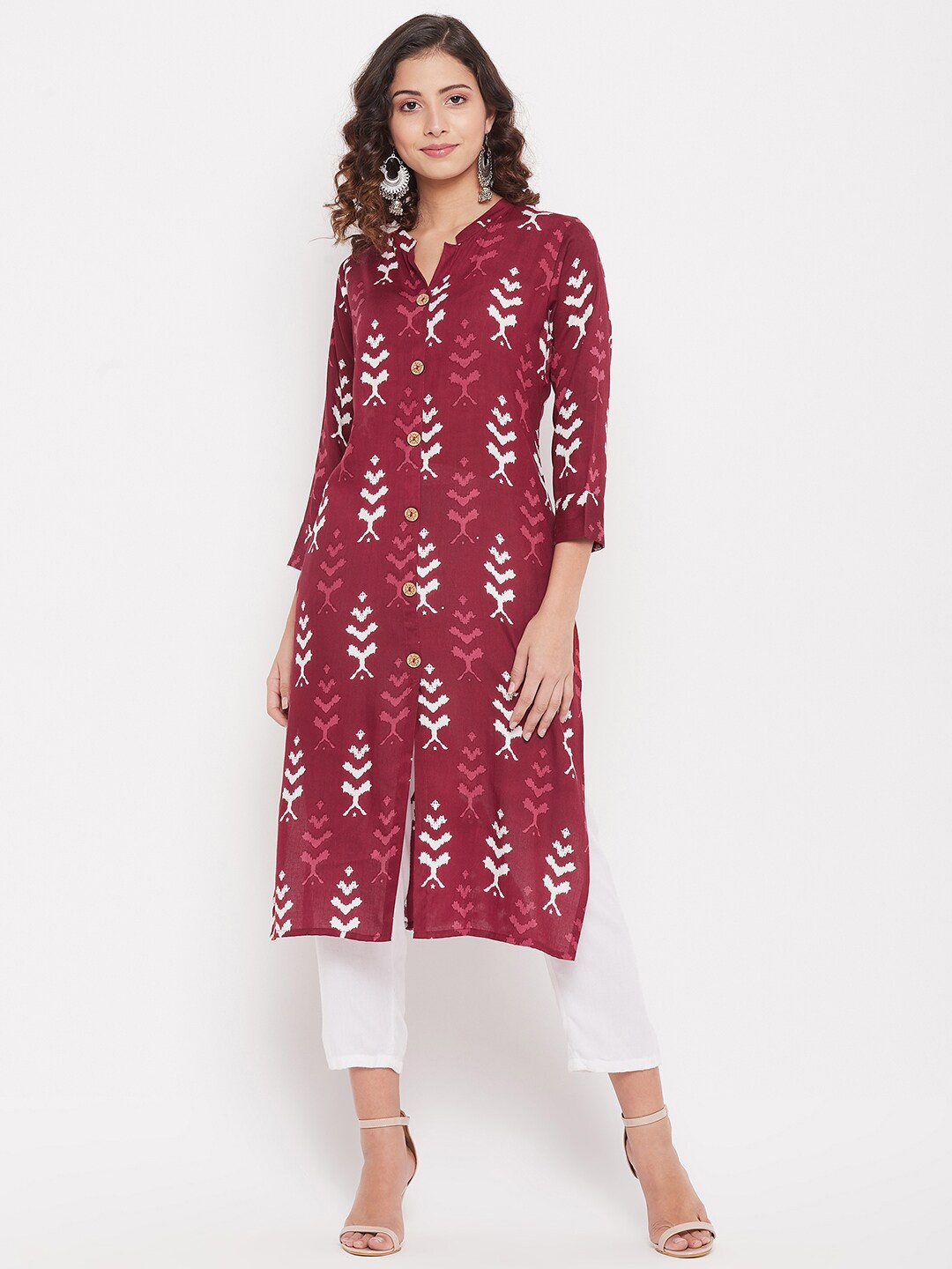 

Duke Maroon & White Mandarin Collar Printed Tunic