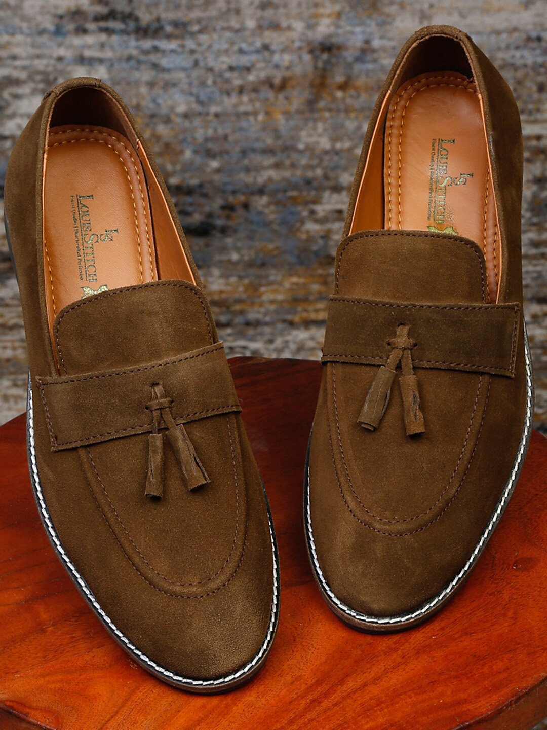 

LOUIS STITCH Men Olive Green Suede Loafers