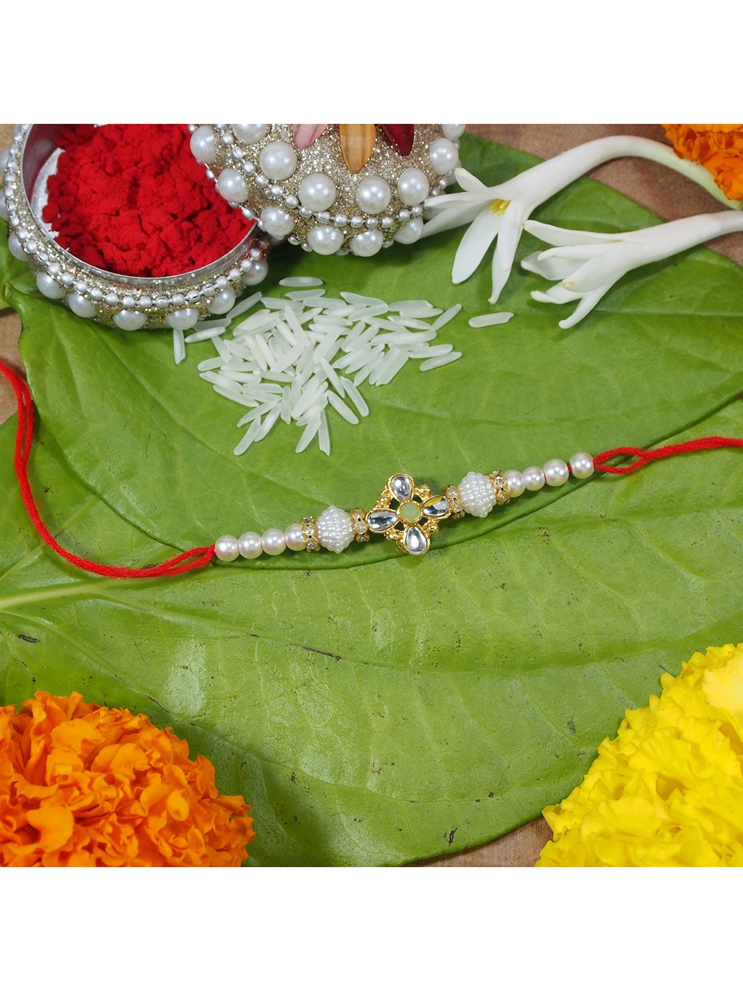 

I Jewels Men White & Gold Toned Designer Pearl Rakhi
